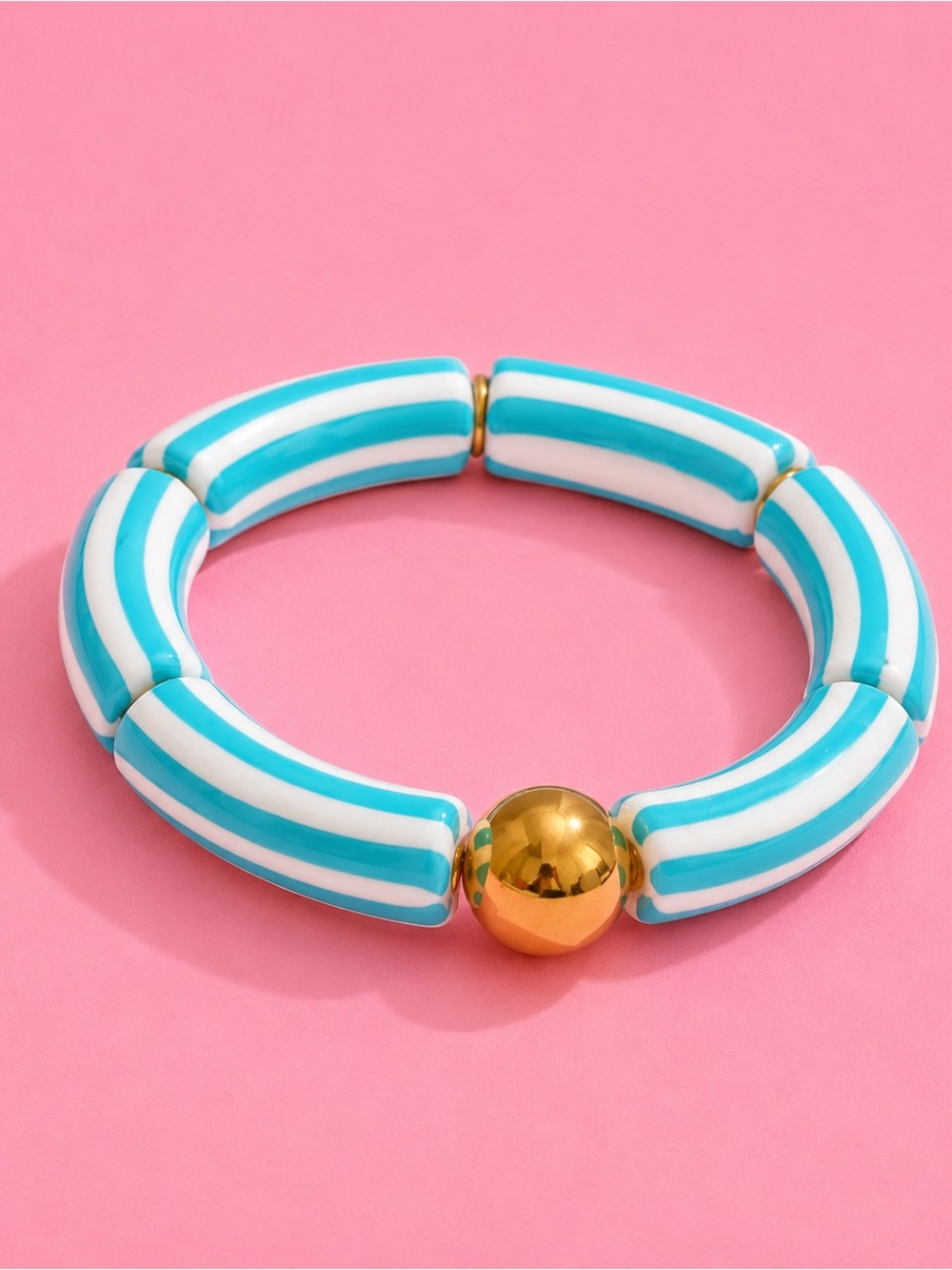 Nautical Turquoise White Striped Bracelet with Gold Bead